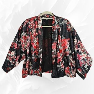Black Floral Kimono Cardigan with Red & Cream Blooms A16